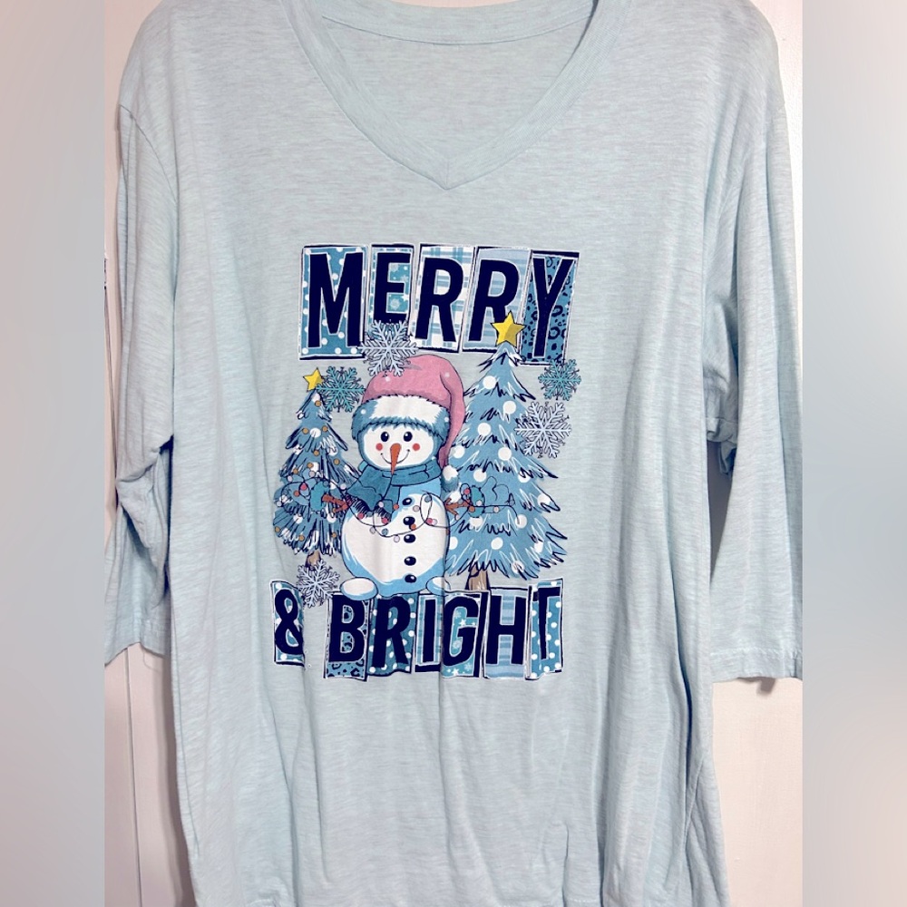 Light Blue Merry & Bright Snowman Shirt 3/4 length sleeves